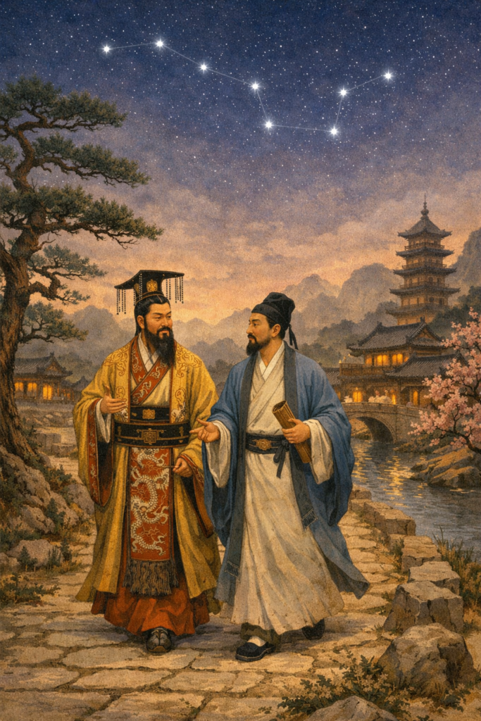 Huangdi et Qibo discutant sur un chemin dans un paysage de Chine antique, sous la constellation de la Grande Ourse, illustrant le dialogue fondateur du Su Wen en médecine chinoise traditionnelle.