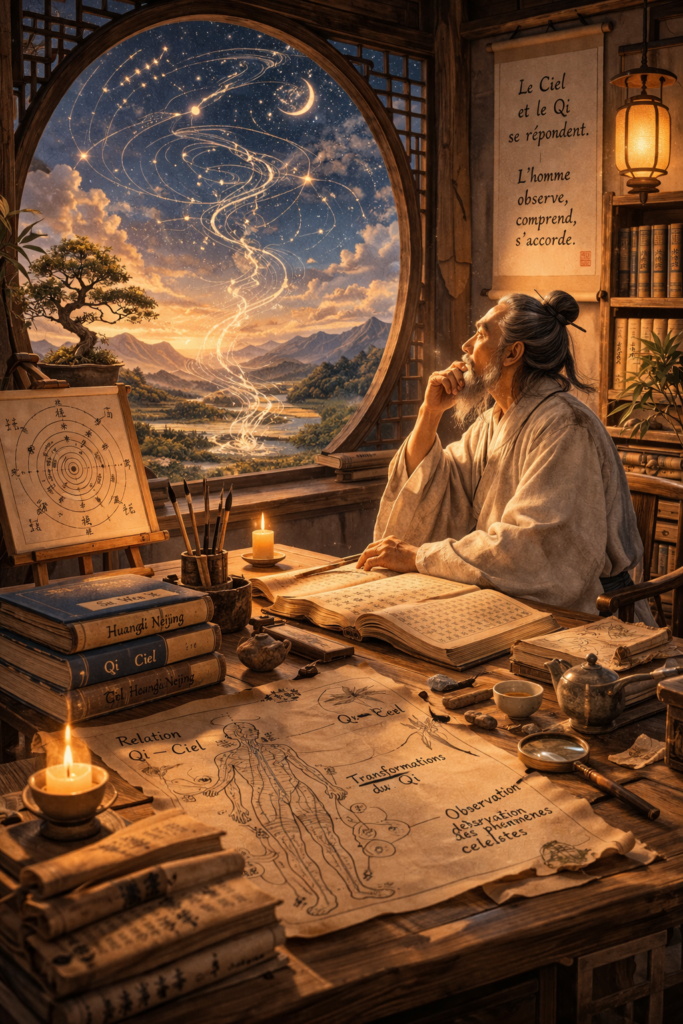 Sage chinois contemplant le ciel et les mouvements du Qi dans un paysage naturel, illustrant la relation entre le Qi et le Ciel selon le Su Wen.
