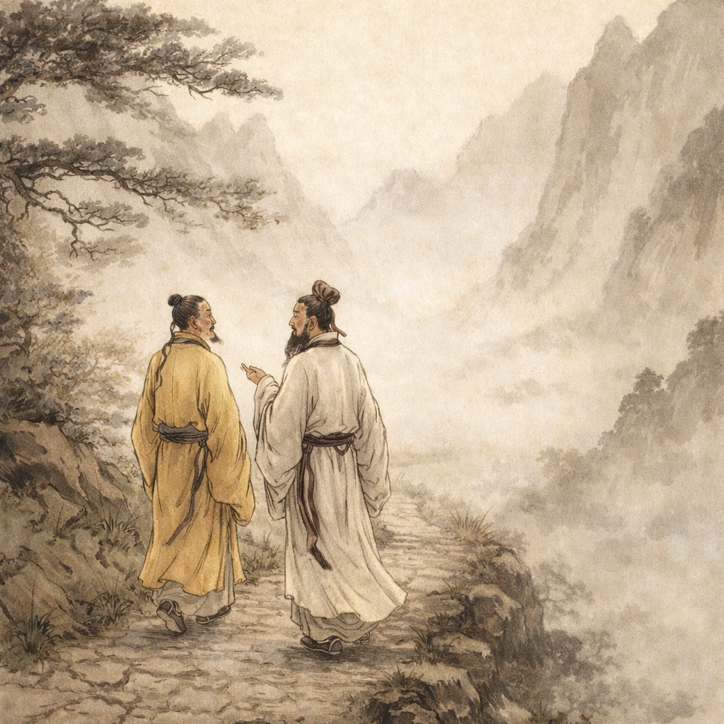 Huangdi et Qibo marchant dans un paysage chinois ancien, illustration du dialogue du Huang Di Nei Jing et de la transmission des textes classiques