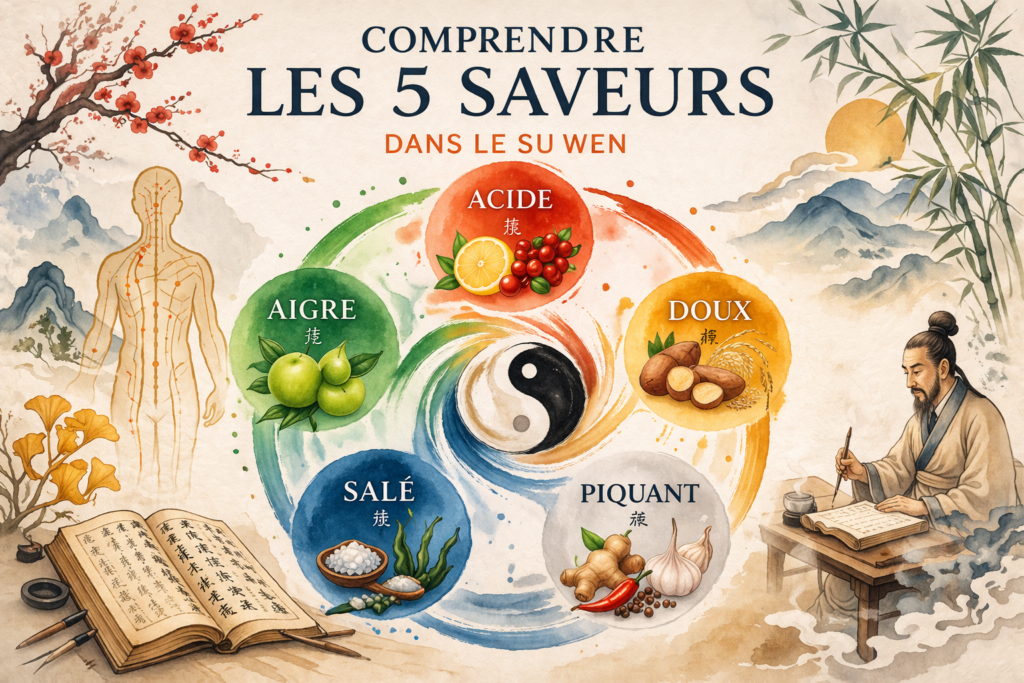 Illustration des cinq saveurs en médecine chinoise avec aliments et cercle harmonieux, représentant la relation entre Qi, saveurs et équilibre selon le Su Wen.