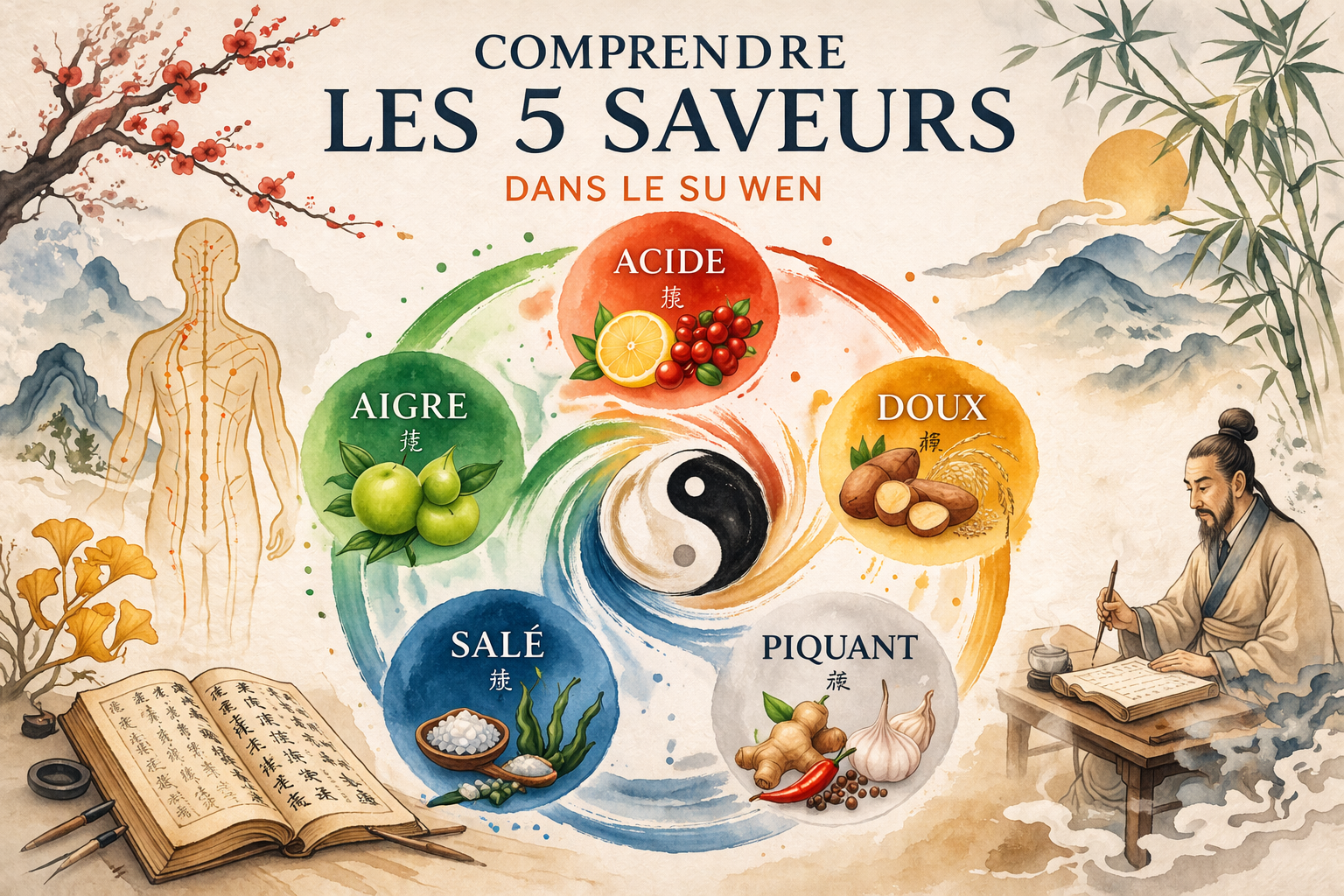 Illustration des cinq saveurs en médecine chinoise avec aliments et cercle harmonieux, représentant la relation entre Qi, saveurs et équilibre selon le Su Wen.