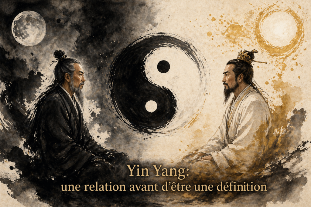 Illustration de Huangdi et Qibo en opposition Yin et Yang, montrant leur interaction dynamique entre nuit et jour, froid et chaleur selon le chapitre 5 du Su Wen.