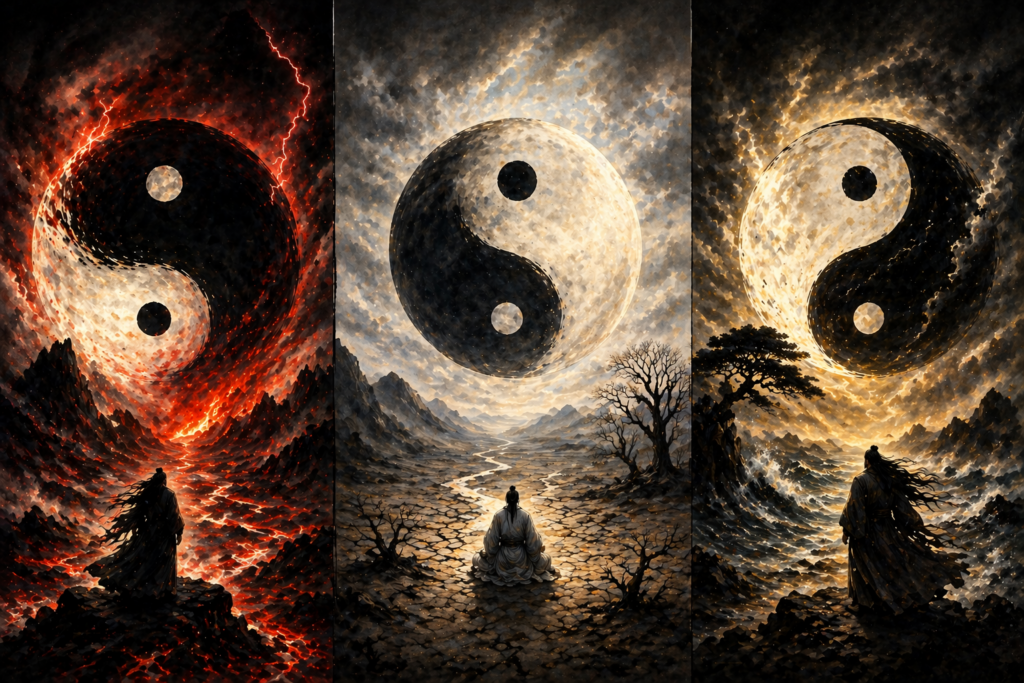 Illustration Yin Yang avec contraste fort entre obscurité et lumière, représentant le déséquilibre entre excès, insuffisance et inversion selon le Su Wen.