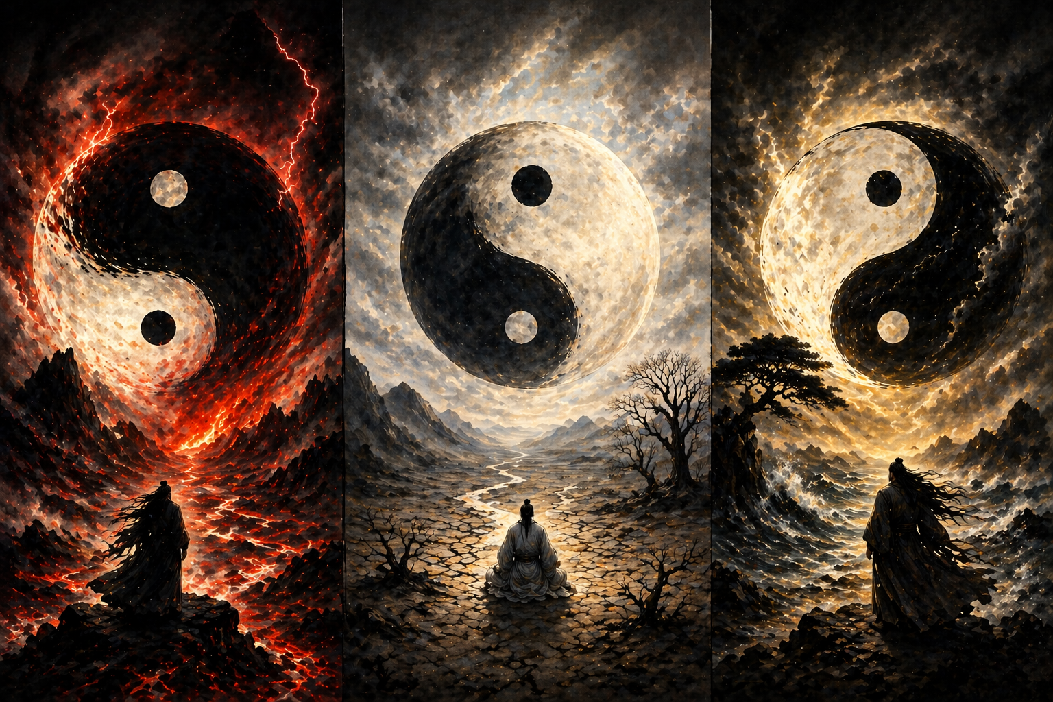 Illustration Yin Yang avec contraste fort entre obscurité et lumière, représentant le déséquilibre entre excès, insuffisance et inversion selon le Su Wen.
