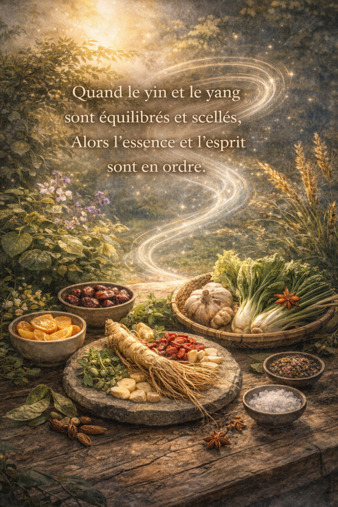 Composition d’aliments, plantes et épices dans un paysage naturel avec une circulation lumineuse du Qi, illustrant l’équilibre entre Yin Yang, saveurs et énergie selon le Su Wen.