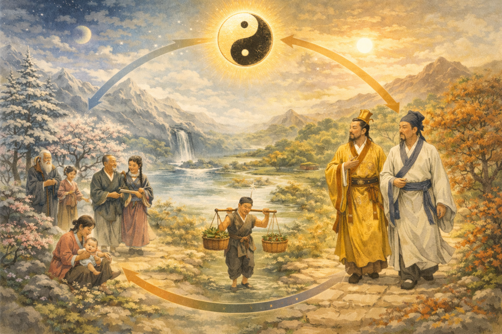 Huangdi et Qibo observant les étapes de la vie humaine dans un paysage chinois avec les saisons et le symbole Yin-Yang, illustrant le cycle humain et la voie du Dao dans le Su Wen.