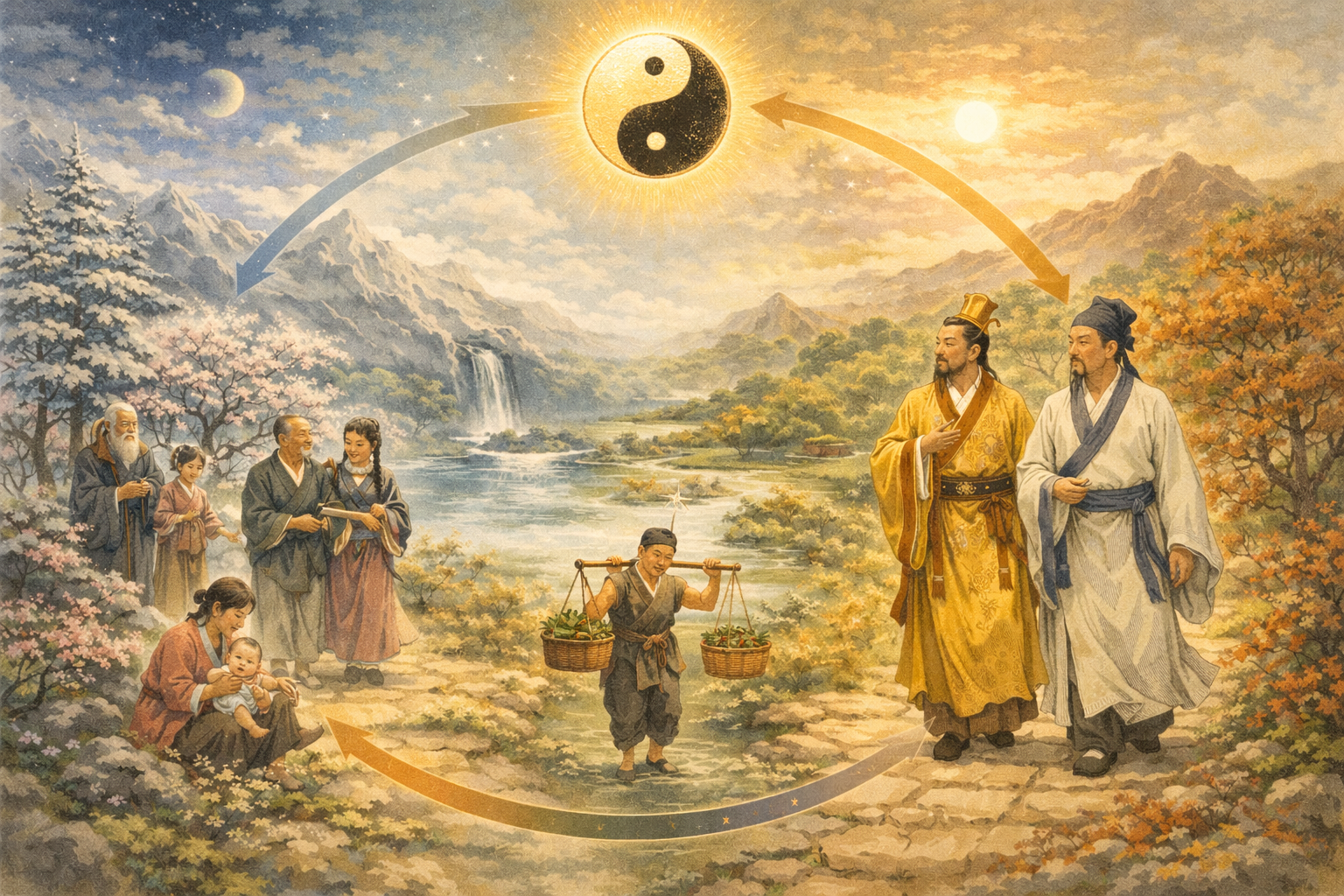 Huangdi et Qibo observant les étapes de la vie humaine dans un paysage chinois avec les saisons et le symbole Yin-Yang, illustrant le cycle humain et la voie du Dao dans le Su Wen.