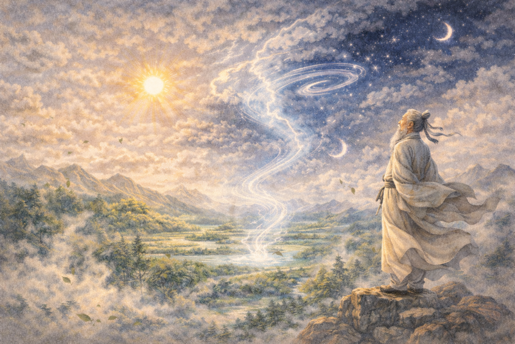 Sage observant le ciel et les phénomènes naturels dans un paysage chinois, illustrant la circulation du Qi entre la Terre et le Ciel selon le Su Wen.