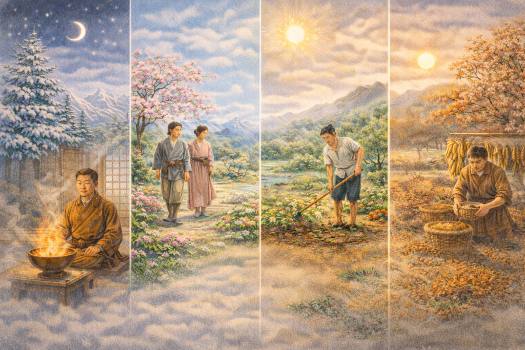 Illustration des quatre saisons en Chine ancienne montrant repos en hiver près d’un brasero, expansion au printemps avec les fleurs, activité en été et récolte en automne, selon les principes du Su Wen.