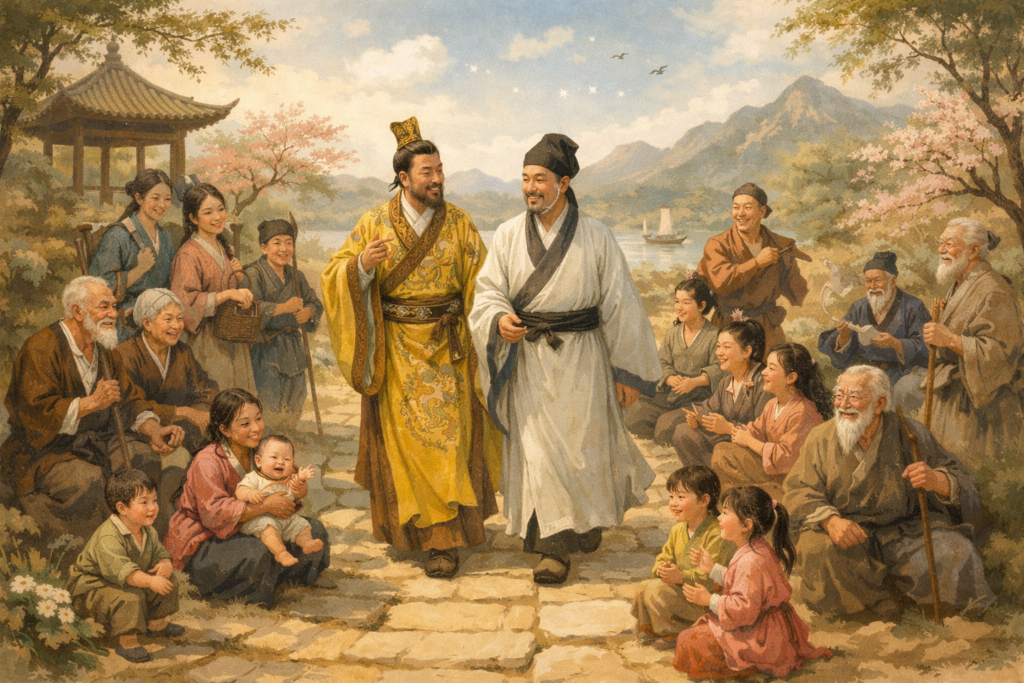 Huangdi et Qibo marchant et discutant sous des cerisiers en fleurs dans un paysage de Chine antique, entourés de personnes de tous âges en harmonie, illustrant les principes du Su Wen.