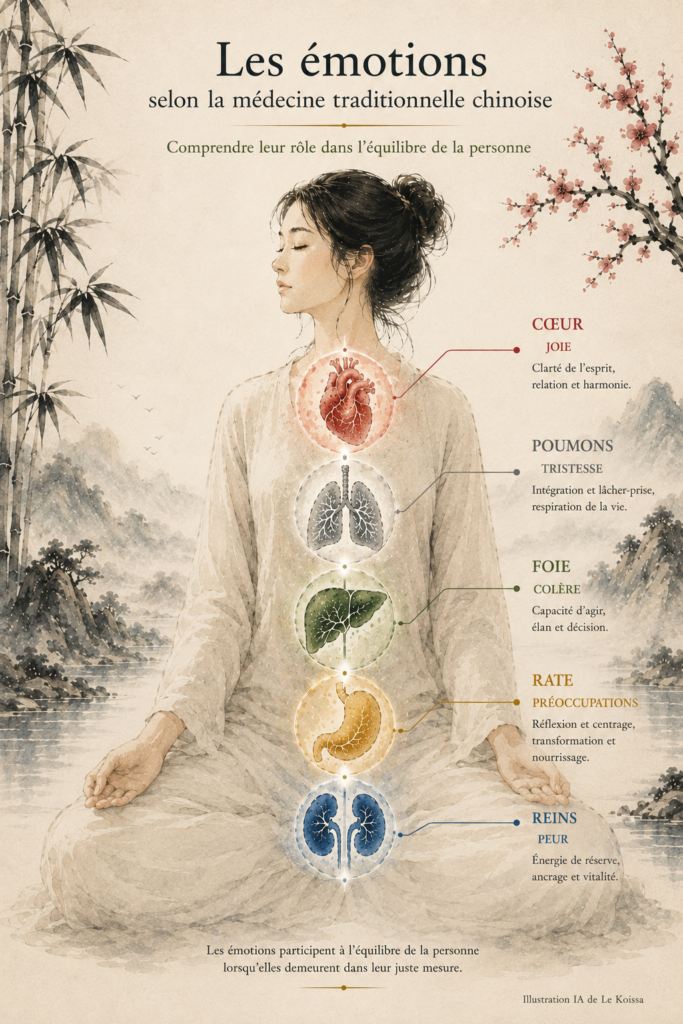 Illustration représentant les émotions selon la médecine traditionnelle chinoise avec leurs correspondances traditionnelles au Cœur, aux Poumons, au Foie, à la Rate et aux Reins selon les enseignements du Huang Di Nei Jing.