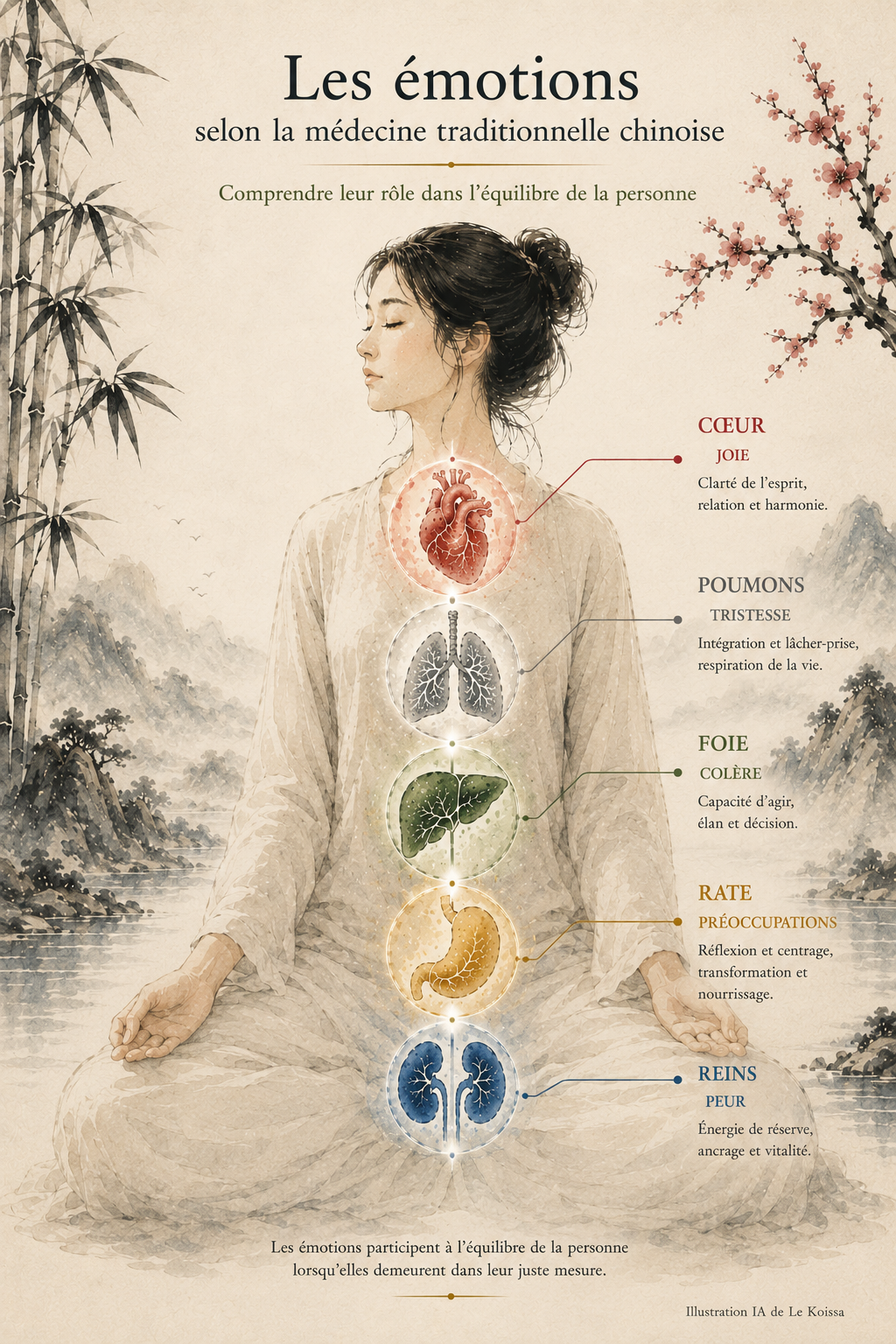 Illustration représentant les émotions selon la médecine traditionnelle chinoise avec leurs correspondances traditionnelles au Cœur, aux Poumons, au Foie, à la Rate et aux Reins selon les enseignements du Huang Di Nei Jing.