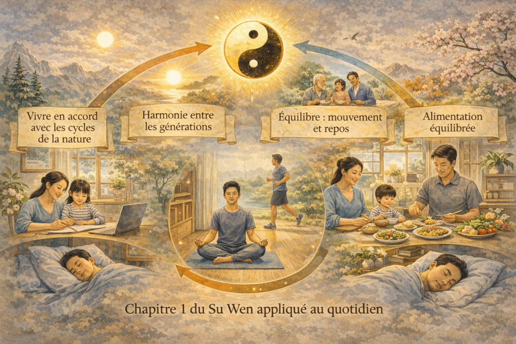Illustration moderne inspirée du Su Wen montrant une famille pratiquant méditation, activité physique, repos et alimentation équilibrée, autour du symbole Yin-Yang et des cycles naturels.