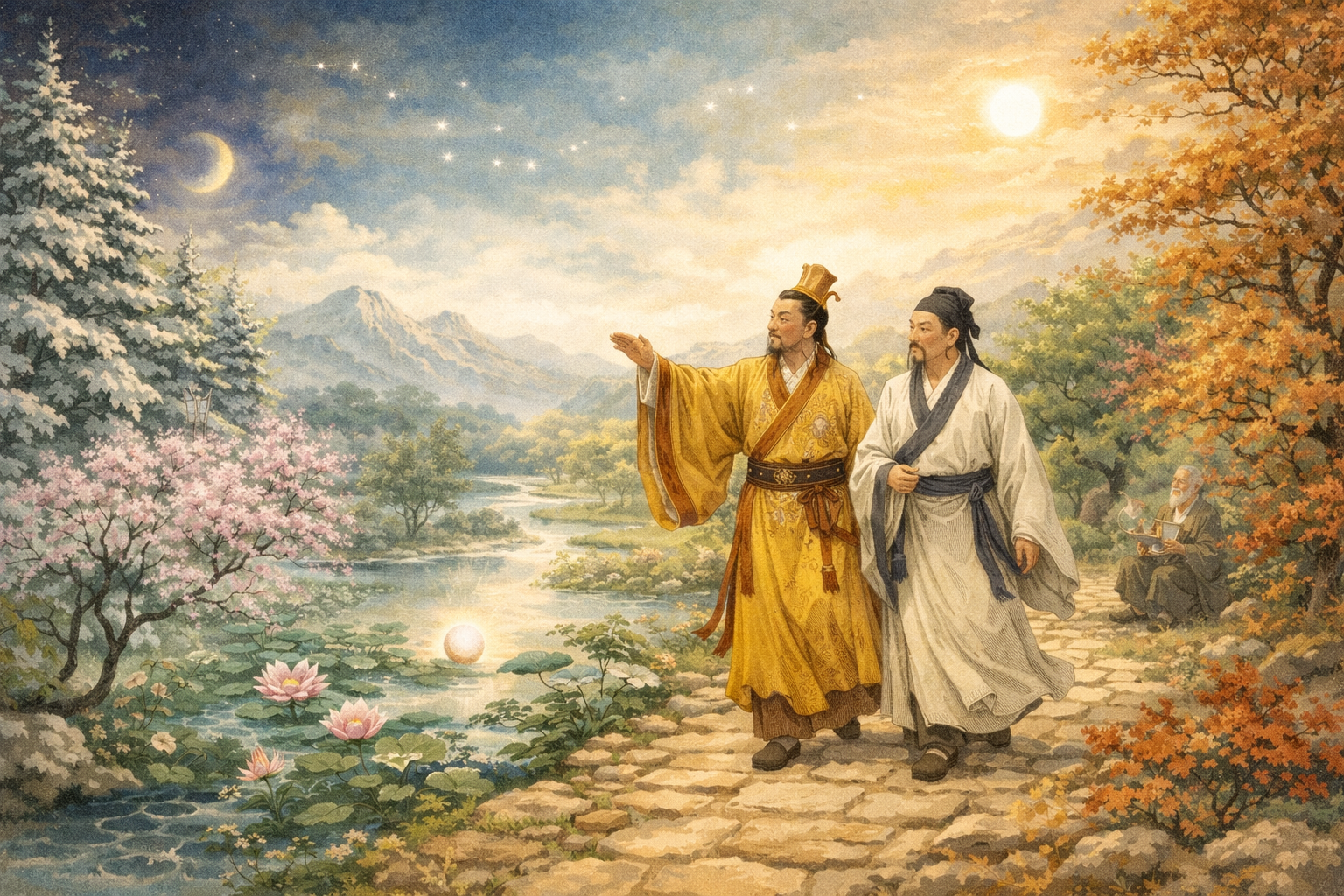 Huangdi et Qibo marchant dans un paysage chinois représentant les quatre saisons et les cycles naturels, avec la Grande Ourse dans le ciel, illustrant les principes du chapitre 1 du Su Wen.