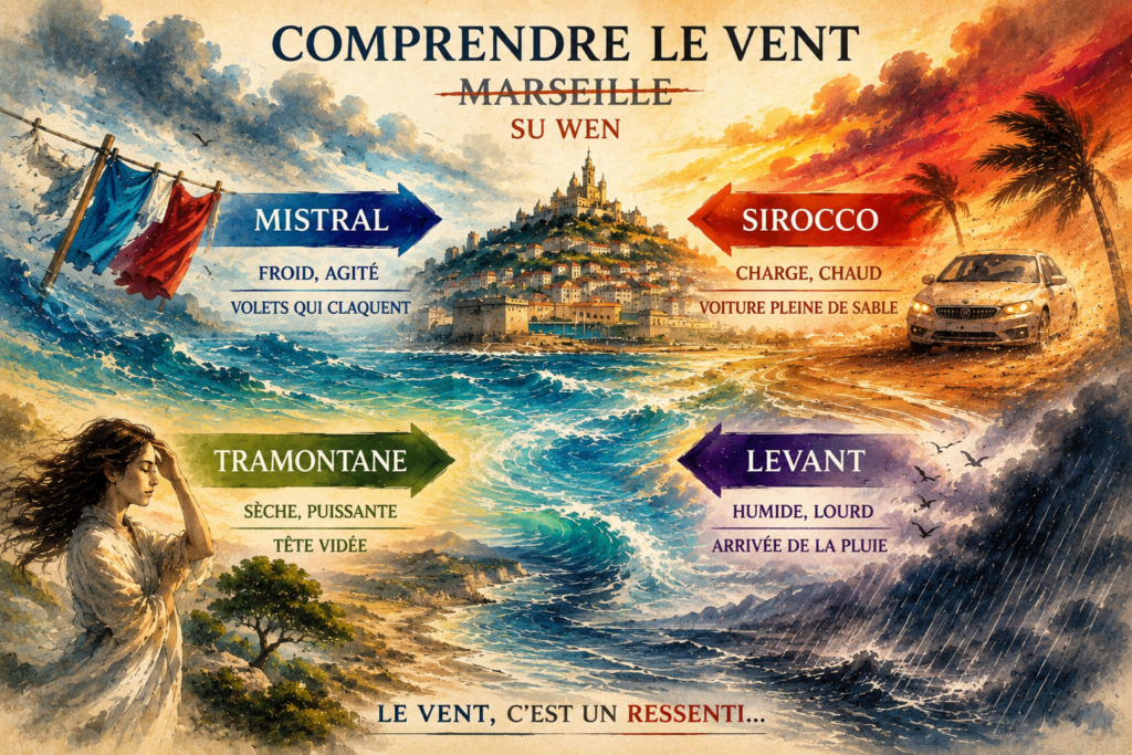 Illustration des vents de Marseille avec mistral, tramontane, sirocco et levant, montrant leurs effets ressentis et leur dynamique selon les principes du Su Wen.
