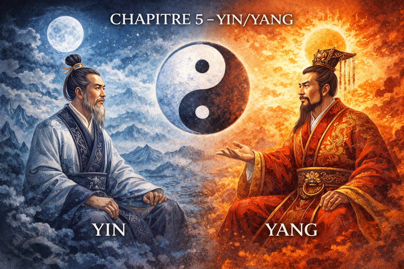 Illustration de Huangdi et Qibo en contraste Yin et Yang, avec opposition nuit et jour, froid et chaleur, représentant les principes du chapitre 5 du Su Wen.