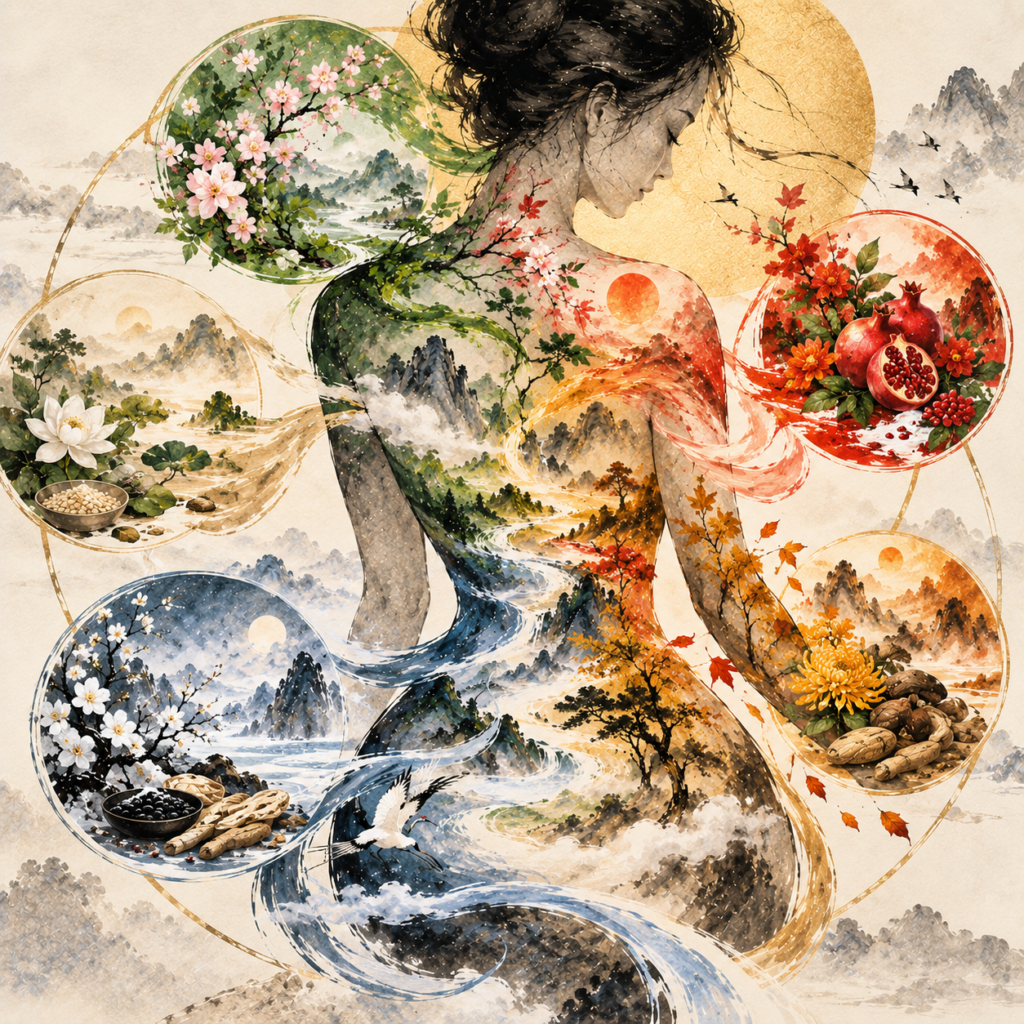 Illustration inspirée du Su Wen représentant un corps relié à différents paysages, végétaux et aliments, évoquant le système de correspondances entre émotions, saveurs, organes et nature.