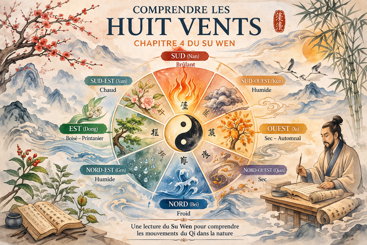 Illustration des huit vents en médecine chinoise avec orientation traditionnelle (sud en haut, nord en bas), représentant les influences climatiques et leur relation avec le Qi selon le Su Wen.