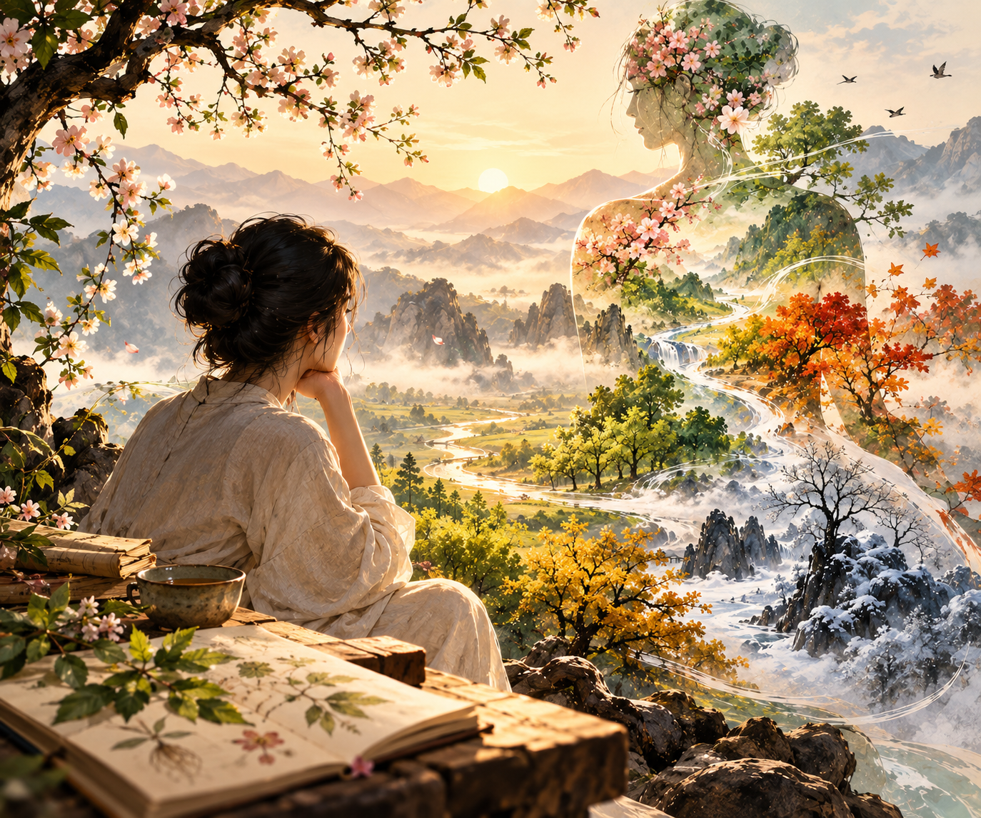 Femme contemplant un paysage où printemps, été, automne et hiver se succèdent, évoquant l’observation des transformations du vivant dans le chapitre 5 du Su Wen.