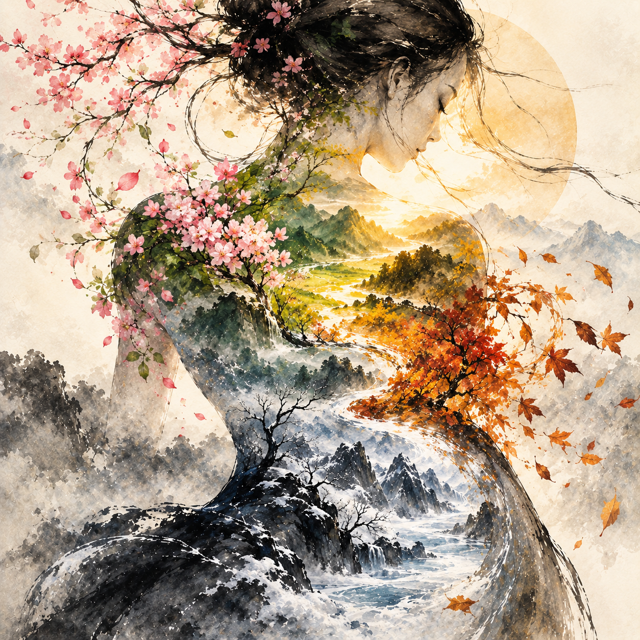 Silhouette humaine transformée en paysage chinois où printemps, été, automne et hiver se succèdent et se mêlent, illustrant les correspondances entre les saisons et l’être humain dans le Su Wen.