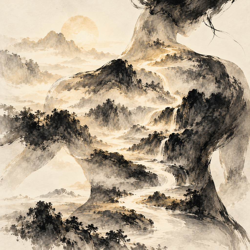 Corps humain se fondant dans un paysage traditionnel chinois de montagnes, rivières, cascades et brume, illustrant les correspondances entre l’être humain et la nature dans le chapitre 5 du Su Wen.