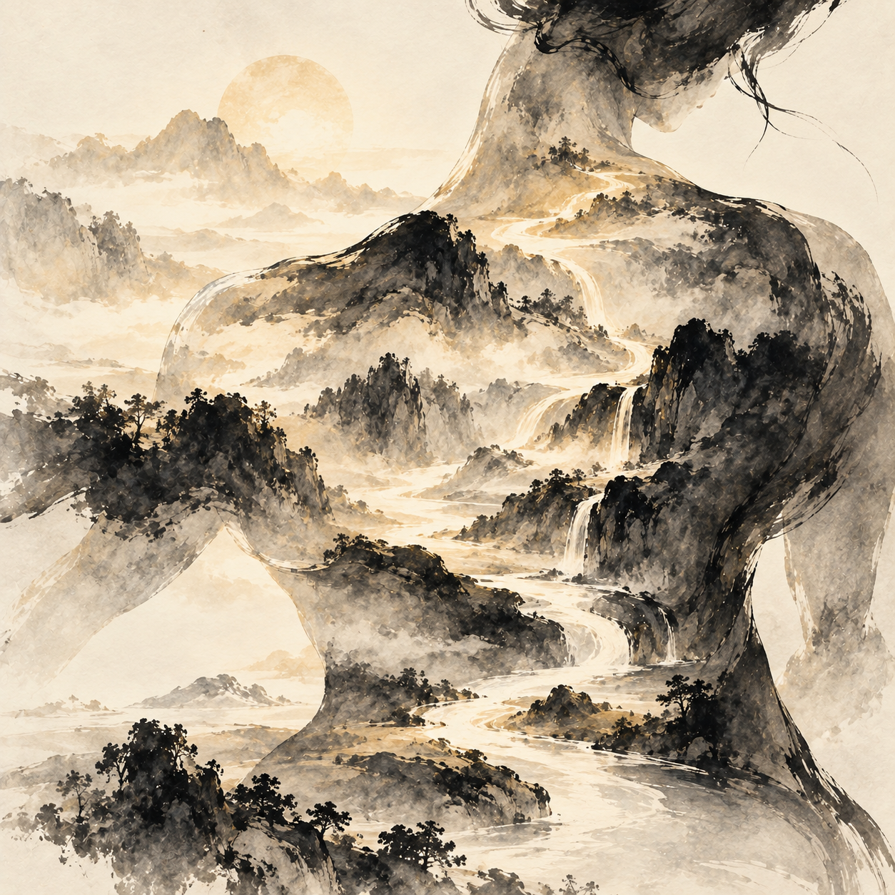 Corps humain se fondant dans un paysage traditionnel chinois de montagnes, rivières, cascades et brume, illustrant les correspondances entre l’être humain et la nature dans le chapitre 5 du Su Wen.