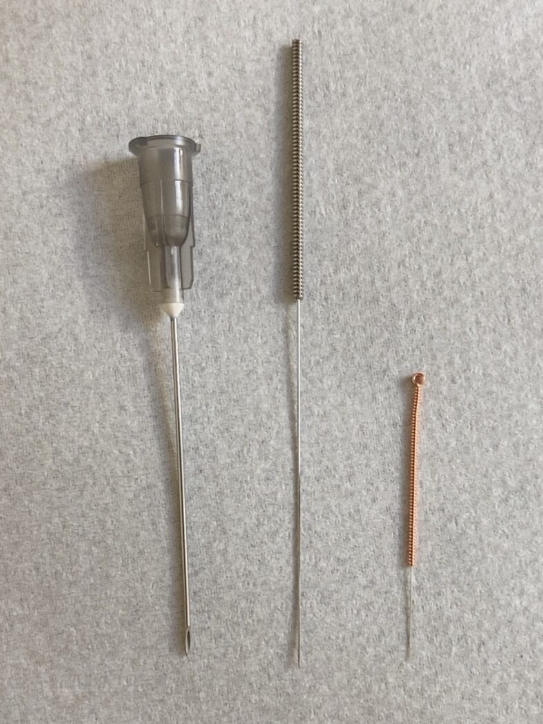 Comparaison entre une aiguille de perfusion et deux aiguilles d’acupuncture plus fines.